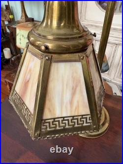 Antique Arts & Crafts Brass and Greek Key Slag Glass Desk Lamp