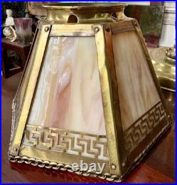 Antique Arts & Crafts Brass and Greek Key Slag Glass Desk Lamp