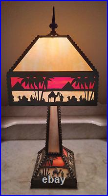 Antique Arts & Crafts Camel Pyramid Palms Egypt Mission Slag Glass Table Lamp