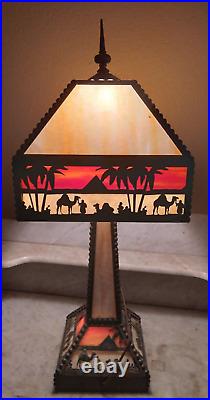 Antique Arts & Crafts Camel Pyramid Palms Egypt Mission Slag Glass Table Lamp