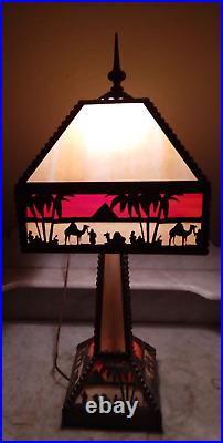 Antique Arts & Crafts Camel Pyramid Palms Egypt Mission Slag Glass Table Lamp