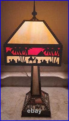 Antique Arts & Crafts Camel Pyramid Palms Egypt Mission Slag Glass Table Lamp