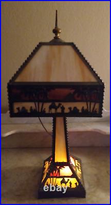 Antique Arts & Crafts Camel Pyramid Palms Egypt Mission Slag Glass Table Lamp