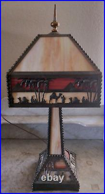 Antique Arts & Crafts Camel Pyramid Palms Egypt Mission Slag Glass Table Lamp