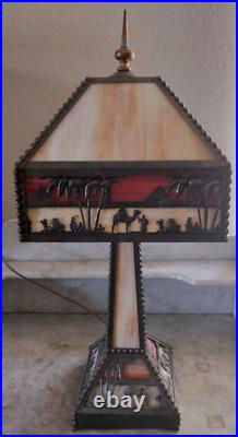 Antique Arts & Crafts Camel Pyramid Palms Egypt Mission Slag Glass Table Lamp