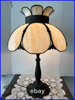 Antique Arts & Crafts Curved Caramel Slag Glass Panel Table Lamp Large