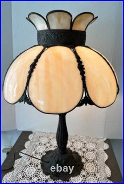 Antique Arts & Crafts Curved Caramel Slag Glass Panel Table Lamp Large