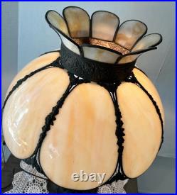 Antique Arts & Crafts Curved Caramel Slag Glass Panel Table Lamp Large
