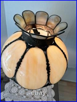Antique Arts & Crafts Curved Caramel Slag Glass Panel Table Lamp Large