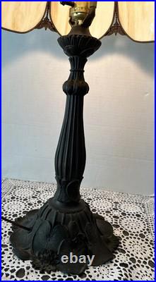 Antique Arts & Crafts Curved Caramel Slag Glass Panel Table Lamp Large