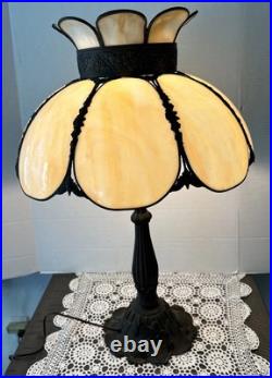 Antique Arts & Crafts Curved Caramel Slag Glass Panel Table Lamp Large