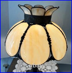 Antique Arts & Crafts Curved Caramel Slag Glass Panel Table Lamp Large