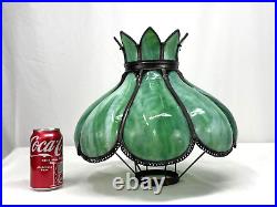 Antique Arts Crafts Deco 14 Stained Glass Oil Lamp Shade Bent Slag Panels Green