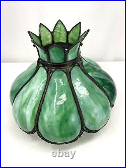 Antique Arts Crafts Deco 14 Stained Glass Oil Lamp Shade Bent Slag Panels Green