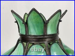 Antique Arts Crafts Deco 14 Stained Glass Oil Lamp Shade Bent Slag Panels Green