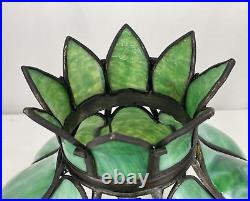 Antique Arts Crafts Deco 14 Stained Glass Oil Lamp Shade Bent Slag Panels Green