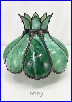 Antique Arts Crafts Deco 14 Stained Glass Oil Lamp Shade Bent Slag Panels Green
