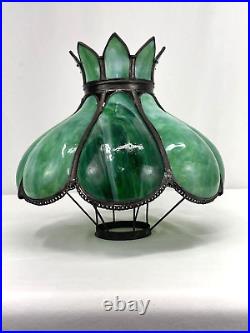 Antique Arts Crafts Deco 14 Stained Glass Oil Lamp Shade Bent Slag Panels Green
