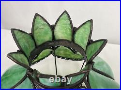 Antique Arts Crafts Deco 14 Stained Glass Oil Lamp Shade Bent Slag Panels Green