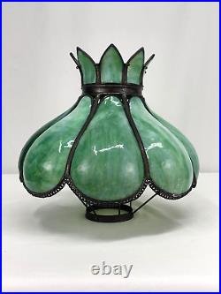 Antique Arts Crafts Deco 14 Stained Glass Oil Lamp Shade Bent Slag Panels Green