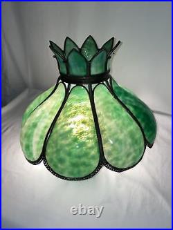 Antique Arts Crafts Deco 14 Stained Glass Oil Lamp Shade Bent Slag Panels Green