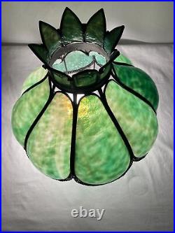 Antique Arts Crafts Deco 14 Stained Glass Oil Lamp Shade Bent Slag Panels Green