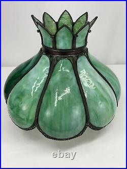 Antique Arts Crafts Deco 14 Stained Glass Oil Lamp Shade Bent Slag Panels Green