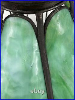 Antique Arts Crafts Deco 14 Stained Glass Oil Lamp Shade Bent Slag Panels Green