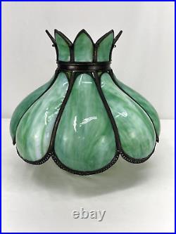 Antique Arts Crafts Deco 14 Stained Glass Oil Lamp Shade Bent Slag Panels Green