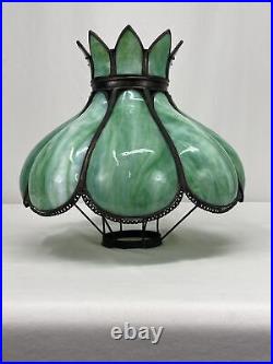 Antique Arts Crafts Deco 14 Stained Glass Oil Lamp Shade Bent Slag Panels Green