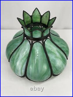 Antique Arts Crafts Deco 14 Stained Glass Oil Lamp Shade Bent Slag Panels Green