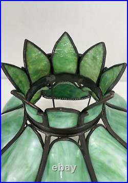 Antique Arts Crafts Deco 14 Stained Glass Oil Lamp Shade Bent Slag Panels Green