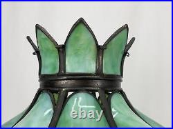 Antique Arts Crafts Deco 14 Stained Glass Oil Lamp Shade Bent Slag Panels Green