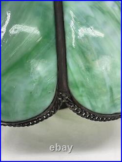 Antique Arts Crafts Deco 14 Stained Glass Oil Lamp Shade Bent Slag Panels Green