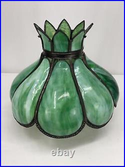 Antique Arts Crafts Deco 14 Stained Glass Oil Lamp Shade Bent Slag Panels Green