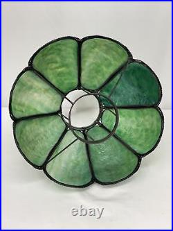 Antique Arts Crafts Deco 14 Stained Glass Oil Lamp Shade Bent Slag Panels Green