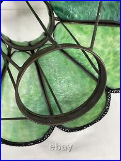 Antique Arts Crafts Deco 14 Stained Glass Oil Lamp Shade Bent Slag Panels Green