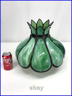 Antique Arts Crafts Deco 14 Stained Glass Oil Lamp Shade Bent Slag Panels Green
