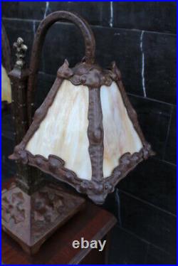 Antique Arts & Crafts Double Desk Lamp Hammered Cast Iron Mission Slag Glass