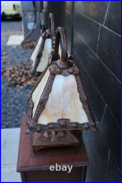 Antique Arts & Crafts Double Desk Lamp Hammered Cast Iron Mission Slag Glass