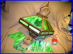 Antique Arts & Crafts Era Square Frame Slag Glass Hanging Oil Lampfor Restor