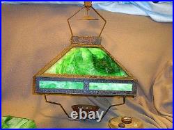 Antique Arts & Crafts Era Square Frame Slag Glass Hanging Oil Lampfor Restor
