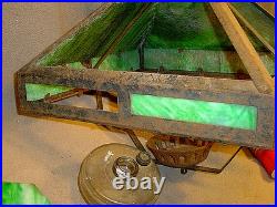 Antique Arts & Crafts Era Square Frame Slag Glass Hanging Oil Lampfor Restor