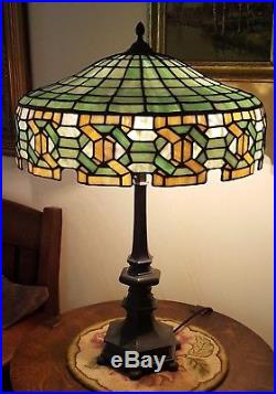 Antique Arts & Crafts Gorham Geometric Leaded Slag Stained Glass Table Lamp