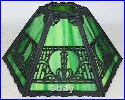 Antique Arts & Crafts Green Slag Glass 6-Paneled Lamp Shade Metal Overlay Deco