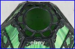 Antique Arts & Crafts Green Slag Glass 6-Paneled Lamp Shade Metal Overlay Deco