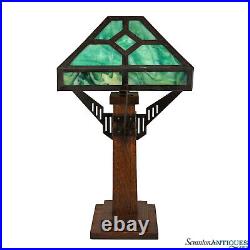 Antique Arts & Crafts Green Slag Glass & Oak Prairie School Table Lamp