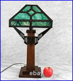 Antique Arts & Crafts Green Slag Glass & Oak Prairie School Table Lamp