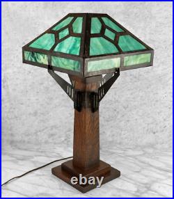 Antique Arts & Crafts Green Slag Glass & Oak Prairie School Table Lamp