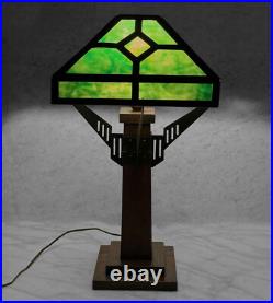 Antique Arts & Crafts Green Slag Glass & Oak Prairie School Table Lamp